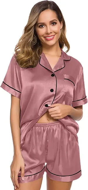 Women's Silk Turn-Down Collar Short Sleeves Solid Sleepwear Dress