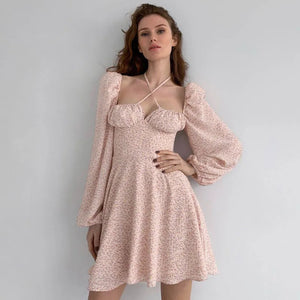 Women's Polyester Square-Neck Long Sleeve Floral Pattern Dress