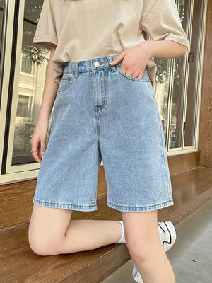 Women's Cotton High Elastic Waist Casual Wear Plain Denim Shorts