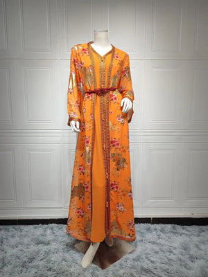 Women's Arabian Polyester Full Sleeves Floral Pattern Casual Dress