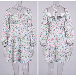 Women's Polyester Square-Neck Long Sleeve Floral Pattern Dress