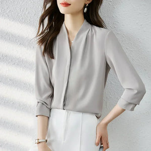 Women's Polyester V-Neck Long Sleeve Plain Pattern Casual Blouses