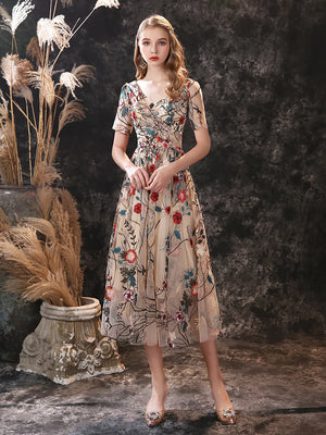 Women's V-Neck Short Sleeves Floral Embroidery Evening Prom Dress