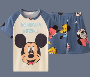 Kid's Polyester O-Neck Short Sleeve Mickey Mouse Sleepwear Set