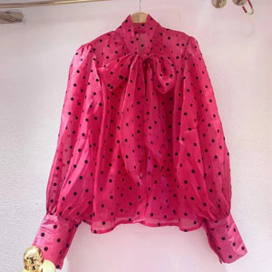 Women's Polyester V-Neck Long Sleeve Dotted Casual Wear Blouses
