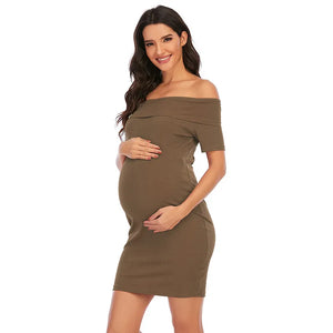 Women's Polyester Off Shoulder Plain Pattern Maternity Dress