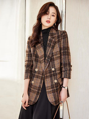 Women's Notched Collar Full Sleeves Double Breasted Plaid Blazers