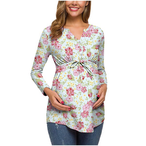 Women's V-Neck Cotton Long Sleeves Floral Pattern Maternity Tops