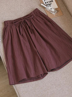 Women's Cotton High Elastic Waist Casual Plain Pattern Shorts