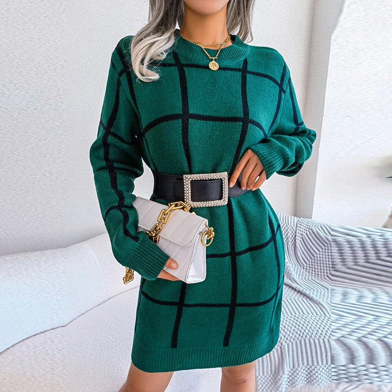 Women's Polyester O-Neck Long Sleeves Plaid Pattern Casual Dress