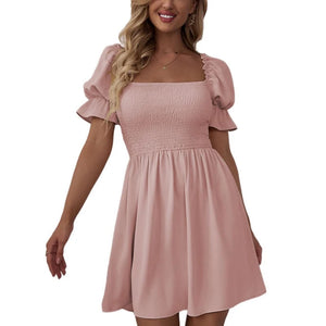 Women's Polyester Square-Neck Short Sleeve Solid Party Dress