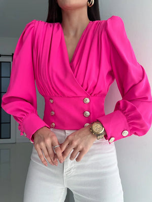 Women's V-Neck Polyester Long Sleeves Pleated Casual Blouses
