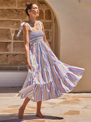 Women's Polyester Square-Neck Sleeveless Striped Pattern Dress