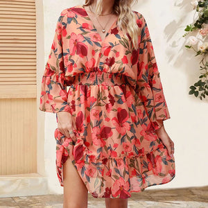 Women's Polyester V-Neck Full Sleeves Floral Pattern Pullover Dress