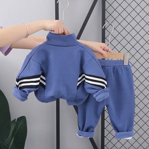 Kid's Cotton Stand-Neck Full Sleeve Zipper Closure Striped Clothes