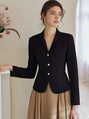 Women's V-Neck Polyester Full Sleeves Single Breasted Solid Blazer