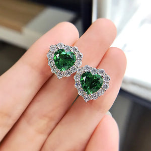 Women's 100% 925 Sterling Silver Emerald Heart Shaped Earrings