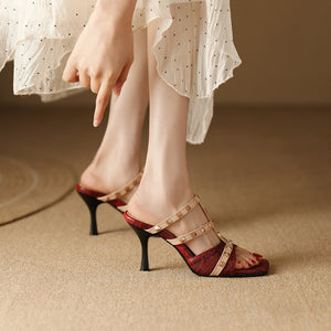 Women's PU Square Toe Slip-On Closure Vintage High Heels Slippers