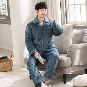 Men's Flannel Turn-Down Collar Full Sleeves Sleepwear Pajamas Set