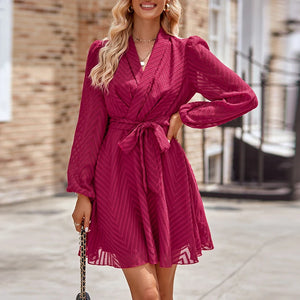 Women's Polyester V-Neck Long Sleeves Patchwork Casual Dress