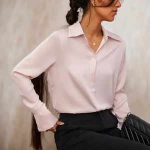 Women's Satin Turn-Down Collar Long Sleeve Plain Casual Blouses