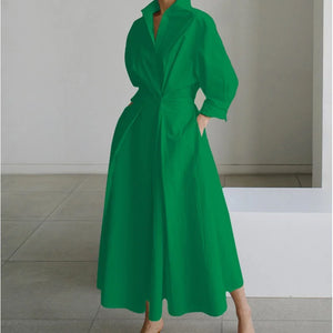 Women's Polyester V-Neck Single Breasted Plain Pattern Dress