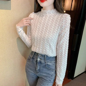 Women's High-Neck Polyester Long Sleeves Casual Wear Blouses