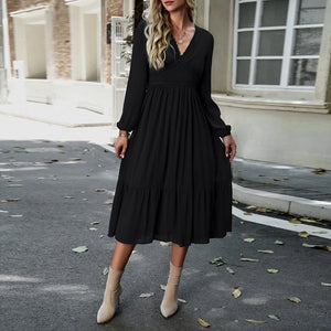 Women's Polyester V-Neck Long Sleeve Solid Pattern Sexy Dress