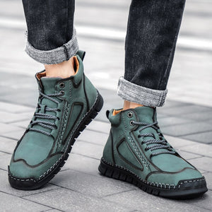 Men's Split Leather Round Toe Lace-Up Waterproof Winter Shoes