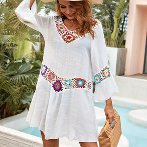 Women's Polyester V-Neck Embroidery Pattern Sexy Bathing Cover Up