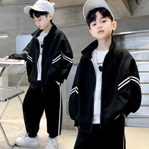 Kid's Boy Polyester Full Sleeves Zipper Striped Trendy Suit