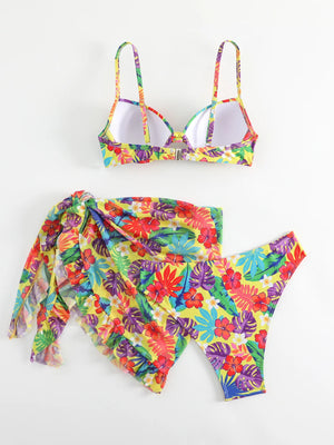 Women's Polyester Mid Waist Swimwear Floral Pattern Bikini Set