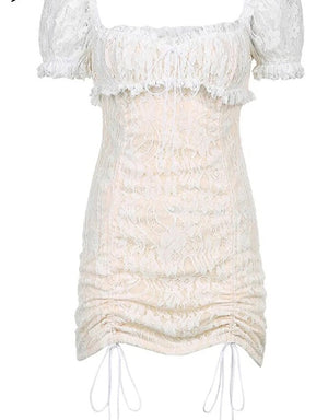 Women's Polyester Square-Neck Short Sleeves Mesh Pattern Dress