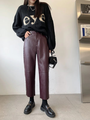 Women's Faux Leather Zipper Fly High Waist Ankle Length Pants