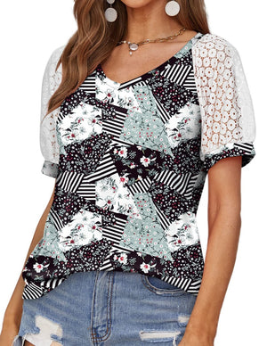 Women's V-Neck Polyester Short Sleeves Hollow Out Casual Blouse