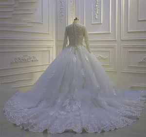 Women's High-Neck Long Sleeves Court Train Bridal Wedding Dress
