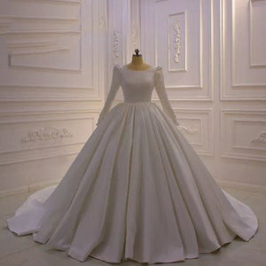 Women's Satin O-Neck Full Sleeve Ball Gown Bridal Wedding Dresses