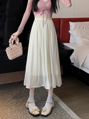 Women's Mesh Casual Wear Pleated Pattern Trendy Midi Skirt