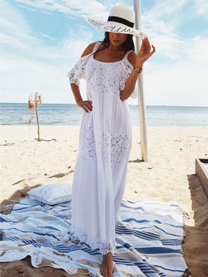 Women's V-Neck Flare Sleeve Lace Hollow Long Beach Cover Up