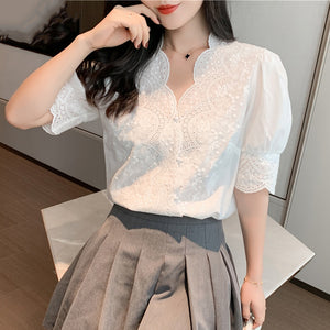 Women's Cotton Short Sleeves Elegant Casual Hollow Out Blouse