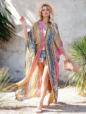 Women's Open Stitch Flare Sleeve Printed Ruffle Beach Cover-Up
