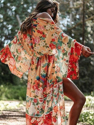 Women's Open Stitch Flare Sleeve Floral Pattern Beach Cover Up