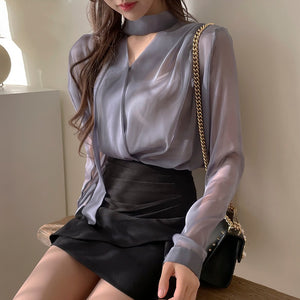 Women's Chiffon V-Neck Full Sleeves Lace-up Casual Wear Blouse