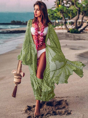 Women's Open Stitch Flare Sleeve Printed Front Beach Cover Up