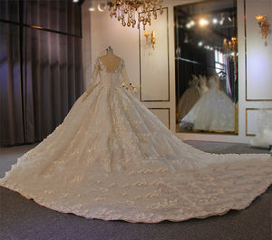 Women's Scoop Neck Full Sleeves Court Train Bridal Wedding Dress