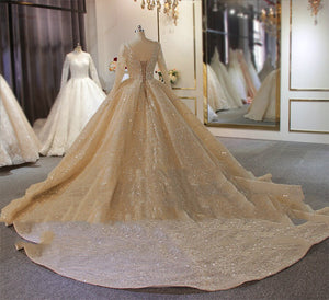 Women's V-Neck Long Sleeve Pearl Beading Court Train Wedding Dress