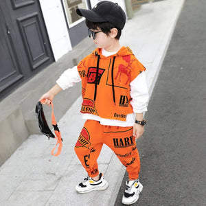 Kid's Hooded Vest With Printed Letters Pants Two Piece Set