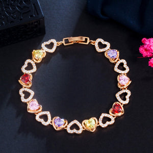 Women's Copper Cubic Zirconia Link Chain Heart Pattern Bracelet