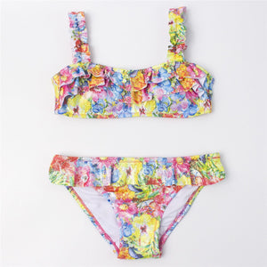 Kid Girl's Spandex Square Neck Floral Pattern Bikini Set