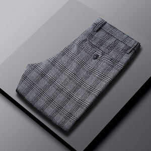 Men's Cotton Zipper Fly Closure Plaid Pattern Formal Wear Pants